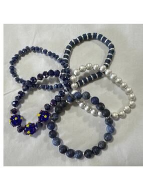 Five Stretch Bracelets Blue & Silver Tone Beads Worn Separately or Together